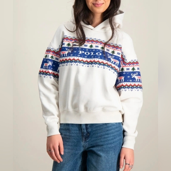Polo Ralph Lauren Tops - RARE Polo Ralph Lauren Christmas Reindeer Embroidered Hoodie Womens S/M Youth XL